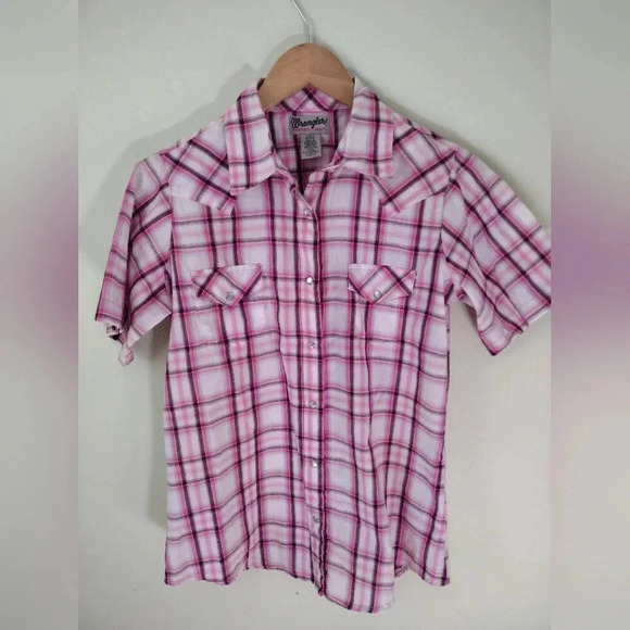 Wrangler Pearl‎ Snap Short sleeve wrancher rancher collared pink plaid shirt - Picture 1 of 5